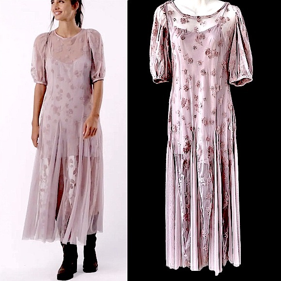 Free People NWT Viola Sheer Lavender Tulle Floral Lined Puff Sleeve Midi Dress S - Picture 1 of 16